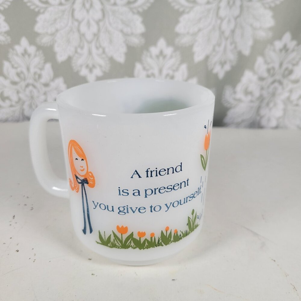 VTG Milk Glass Coffee Cup Mug "A friend is…" Groovy MCM graphics Orange Green, D
